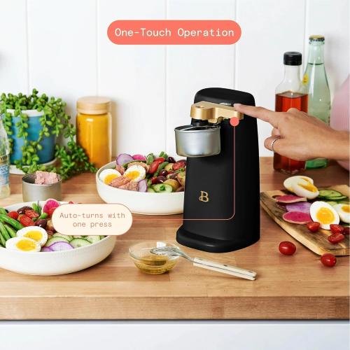 Automatic Electric Can Opener for Countertop, One-Touch Operation with Stainless Steel Blade, Magnetic Lid Lifter, Built-in Knife Sharpener & Bottle Opener, Heavy-Duty Design (Black Sesame)