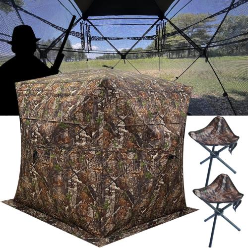 Portable 2-3 Person 270 Degree See Through Hunting Blind Ground Camouflage Pop Up Turkey Deer Blinds Tent with 2 Stools