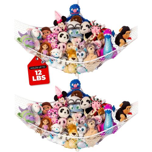 Lilly's Love Stuffed Animal Hammock | Corner Hanging Organizer, Toy Storage, Stuffed Animal Storage Net | Made from Quality Fishing Net, Holds 12lbs | 67x47x47 (White, 2 Pack)