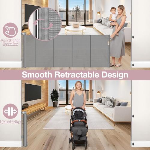 Reinforced 72 Wide Retractable Dog Gate with Support Rods - Prevent Crawling Under Extra Wide Baby Gate Retractable Gate Outdoor, Retractable Pet Gate Long Dog Gate, Mesh Gates for Kids or Pets, Gray