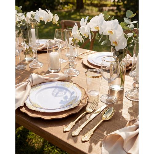 Nervure 350PCS Gold Plastic Plates - Gold Plastic Dinnerware Sets for 50 Guests - 100 Disposable Plates, 150 Silverware, 50 Cups, 50 Napkins for Wedding & Party