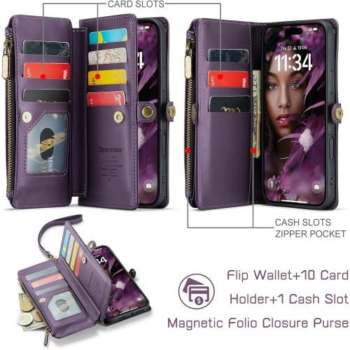 Defencase Compatible with iPhone 16 Pro Case Wallet with RFID Blocking Card Holder for Women Men, Soft PU Leather Magnetic Snap Flip Zipper Strap Wallet Phone Case Fit for iPhone 16 Pro 6.3, Purple | RFID Blocking, Card Holder, for Women Men, Soft PU Lea