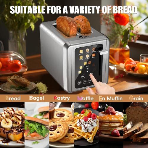 Touch screen Toaster 2 slice,Stainless Steel Digital Timer Toasters with Sound Function,6 Bread Types & 6 Shade Settings,Smart Extra Wide Slots Toaster with Bagel,Defrost Functions