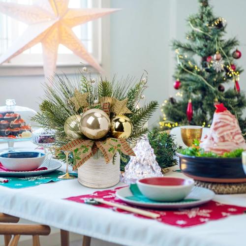 Hollyone Small Christmas Table Centerpiece 10' Artificial Mini Tabletop Christmas Potted Plant with Gold Ball Ornaments for Home Office Arrangement Centerpieces Indoor