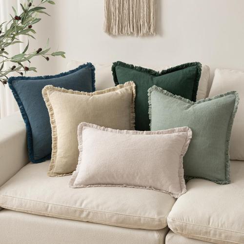 MIULEE Decorative Throw Pillow Covers Neutral Linen Fringe Throw Pillows Set of 2*** Beige Boho Farmhouse Cushion Covers with Tassels for Couch Sofa Bed Living Room Spring Home Decor 16x16 Inch
