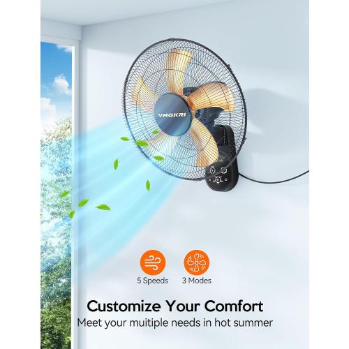 VAGKRI Wall Mount Fan, 16 Inch Wall Fans with 5 Blades, 5 Speeds, 8 Hour Timer, 90° Oscillating Quiet Fan with Remote for Home Office Bedroom Living Room Garage (Black)
