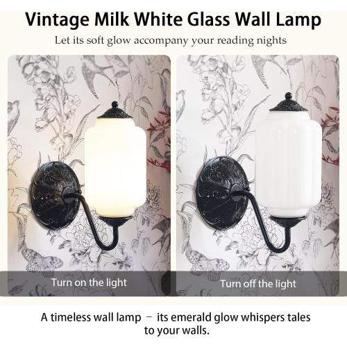 Antique Black Milk Glass Wall Sconce - Vintage Green Shade & Brass Finish Base - Indoor Wall Lighting Fixture for Living Room, Bedroom, Bathroom, Hallway, Entryway (White)