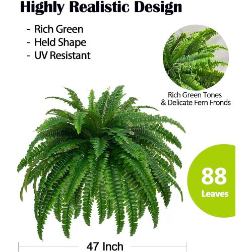 GYERB 48 Large Artificial Boston Fern Plants for Outdoor Indoor, Fake Ferns for Front Porch Hanging, Faux Greenery Bushes for Home Garden Office Decor, Silk Fern with Realistic Fronds, 88 Branches