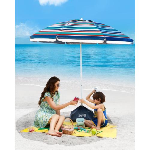 OutdoorMaster Beach Umbrellas for Sand with Sandbag & Anchor, 6.5ft Adjustable Umbrella for Beach Heavy Duty Wind, Portable UPF50  Sunshade with Carry Bag for Patio, Blue Red Striped