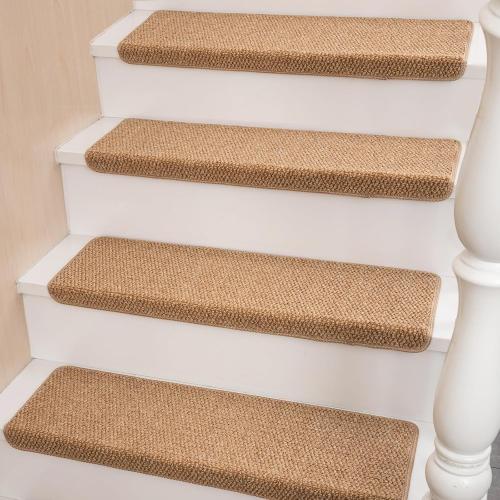 Bullnose Carpet Faux Sisal Stair Treads | Set of 14 | Stair Treads for Wooden Steps Indoor Anti Slip Braided Staircase Protector Pet Friendly Rugs Covers 9.44 X 29.5x 1.9,Golden
