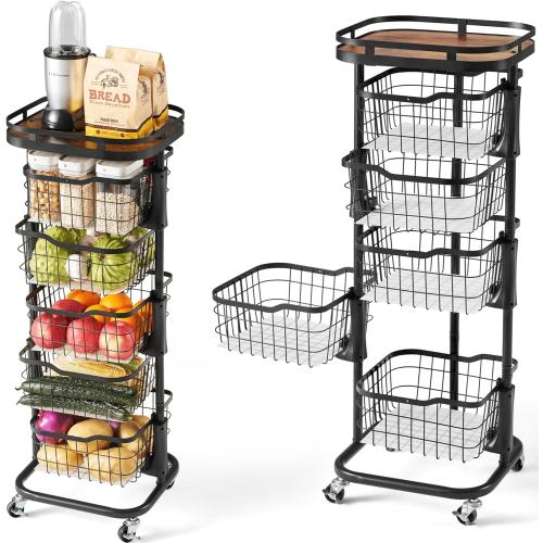 5 Tier Kitchen Vegetable Storage Cart Fruit Basket with One-Piece Rotating Bowls, Rolling Cart on Wheels with Wire Mesh Basket, Large Metal Pantry Organizer Stand Holder for Onion Potato, Black
