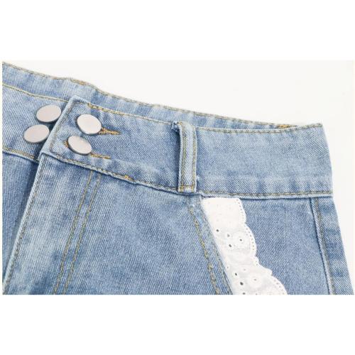 Size L Denim Shorts Women Teen Girls High Waisted Sweet Lace Hem Cute Bow Wide Leg Blue Jean Shorts