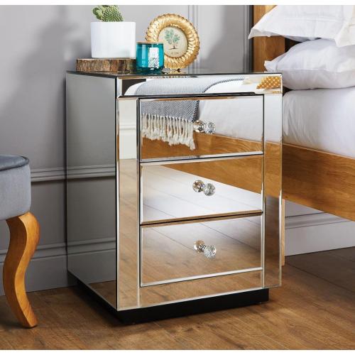 Furniturebox Italian Mirrored Nightstand - 3 Drawers Stunning Finish Bright Modern Bedside Table (the glass on the top is broken,  see the pictures)
