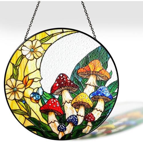 7.8 Mushrooms Stained Glass, Suncatcher for Window Hanging, Suncatcher Art Decor for Home Garden Housewarming, Natural Scenery Gift for Mom, Grandma, Women, Friends, Couples ART-12E-SG8