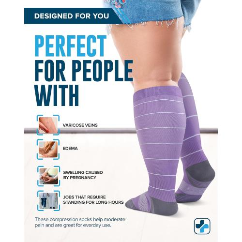 Doctor's Select 3 Pairs Plus Size Compression Socks Wide Calf - Up to 6XL | 20-30 mmHg Compression Socks for Women Wide Calf | Blue, Pink, Purple (Stripes)