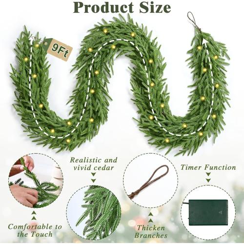Waipfaru 9ft Artificial Norfolk Pine Garland, Realistic Christmas Garland with Lights Faux Winter Pine Greenery for Mantle,Table, Wall,Indoor,Outdoor Winter Christmas Decorations