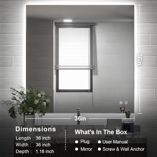 TETOTE 36 x 36 Inch LED Backlit Mirror with Light Bathroom,Anti-Fog,Dimmable,CRI90 ,IP 54Water Proof,Vanity Mirror with Light,Wall Mounted,Horizontal/Vertical