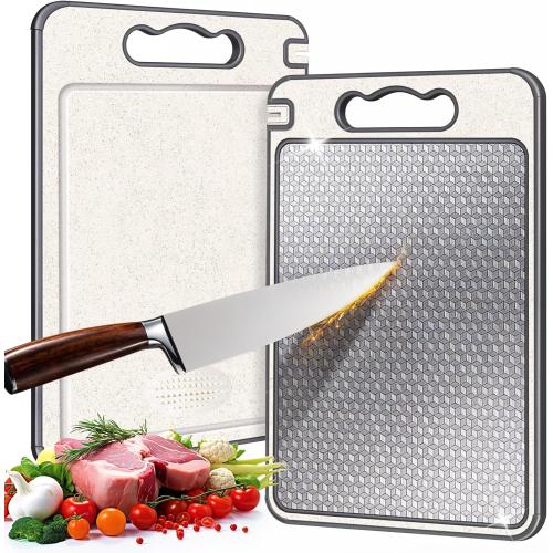 Size 15x10 Stainless Steel Cutting Board, Double Sided Chopping Board for Kitchen, Scratch-resistant Mesh Design, Non Toxic, Juice Groove, Dishwasher Safe, 304 Stainless Steel and Wheat Straw PP (15×10 In）