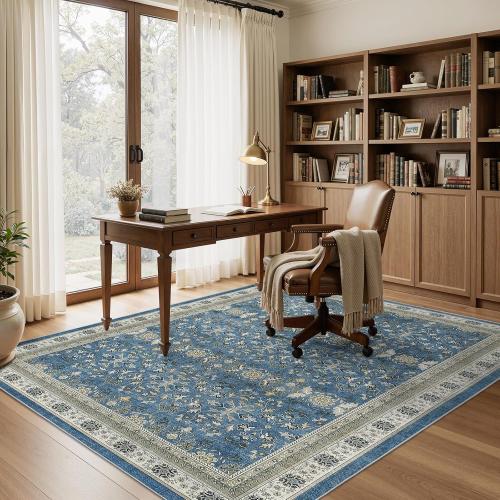 WITSHOCK Living Room Rug Vintage Distressed Oushak Boho Farmhouse Retro Antique, Dining Room Rugs for Under Table, Bedroom Nursery Playroom, Ultra Soft Non-Slip Washable Stain Resistance, Blue