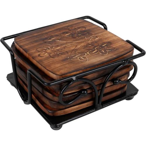 Wooden Coaster Set of 6 with Carved Flower Design on Coaster with Wrought Iron Holder for Coffee Table/Kitchen/Dining Table