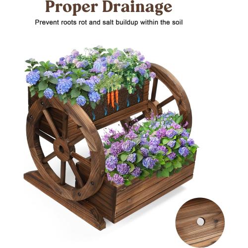 Wooden Wagon Planter Box, Garden Planter with Wheels,Decorative Planter for Flowers Herbs Vegetables for Indoor & Outdoor Décor, Flower Cart for Patio Garden Balcony