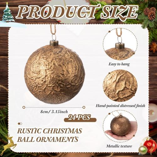 24 Pcs Farmhouse Christmas Ball Ornaments 3.15'' Vintage Antique Gold Christmas Tree Decor Rustic Distressed Neutral Ornaments with Loop Shatterproof Hanging Ball for Farmhouse Xmas Decor
