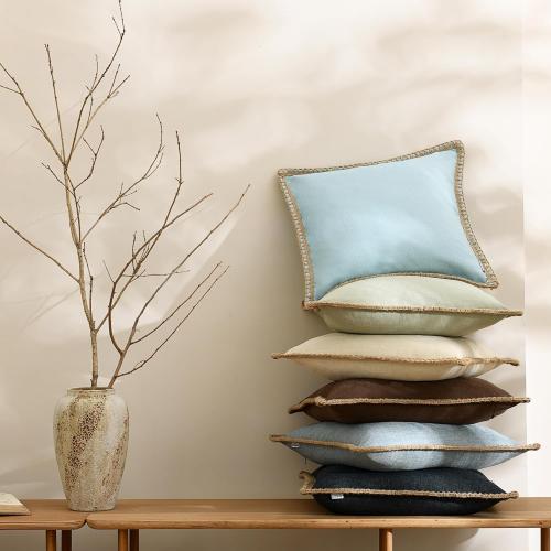 NordECO HOME Set of 2 Farmhouse Throw Pillow Covers - Burlap Linen Trimmed Tailored Edges Decorative Cushion Covers for Bed Home Decoration, 12 x 20, Blue