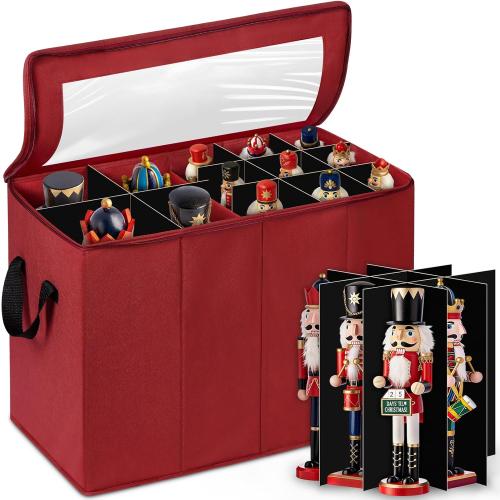 17 Tall Nutcracker and Figurine Collectibles Storage Box with Adjustable Dividers, Large Christmas Holiday Ornament Storage Organizer for Storing Carolers, Santa Figure (Nut cracker not Included)
