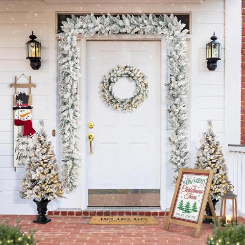Glitzhome 9ft Christmas Garland for Mantle, Pre-Lit Snow Flocked Christmas Garland with Warm White LED Lights and Timer for Fireplace, Dining Table, Stairs Christmas Decoration