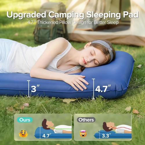 Self-Inflating Sleeping Pad for Camping, 3 Ultra-Thick Outdoor Camping Mat with Pillow & 9.5 R-Value, Insulated All-Season Foam Camping Mattress for Camping Travel Tent Car