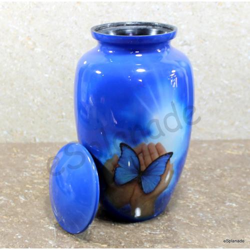 eSplanade Metal Cremation Urn Memorial Jar Pot Container | Full Size Urn for Funeral Ashes Burial | Butterfly Print | Blue - 10 Inches