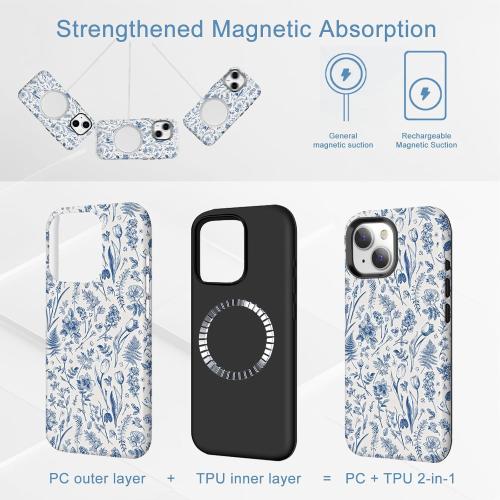 Compatible for iPhone 15 Plus Case Vintage Blue Flowers Florals Cute Aethetic Design for Women Girls [Compatible with Magsafe] Rugge 2-in-1 Layer Shockproof Anti-Scratch Phone Case