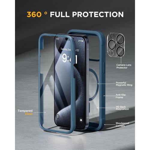 Miracase Magnetic for iPhone 15 Pro Max Case 6.7'' [Compatible with Magsafe] Full-Body Drop Proof Bumper Phone Case for iPhone 15 Pro Max with Built-in 9H Tempered Glass Screen Protector,Blue