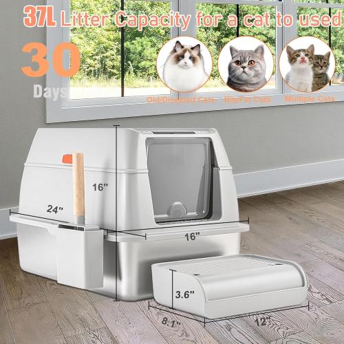 Stainless Steel Litter Box with Lid, Covered XL Extra Large Cat Litter Box Enclosure, Metal Kitty Litter Boxes with High Sided, Litter Scoop and Filter Pedal, Anti-Leakage, Non-Stick, Easy to Clean