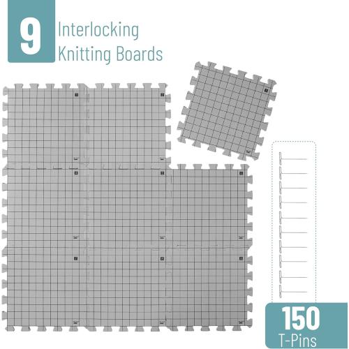 Mr. Pen- Blocking Mats for Knitting & Crochet Projects, 12 x 12, 9 Pack with 150 pcs T-Pins, Gray Aligned Grid Knitting Blocking Mats and Pins, Water & Heat Resistant