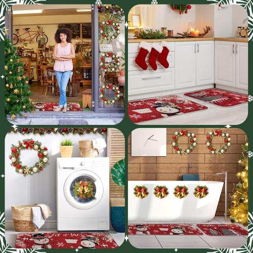 2 Pcs Christmas Snowman and Tree Kitchen Rugs and Mats Merry Christmas Kitchen Rugs Winter Xmas Floor Mats for Holiday Outdoor Home Farmhouse Decorations, 17x47 and 17x29 Inch