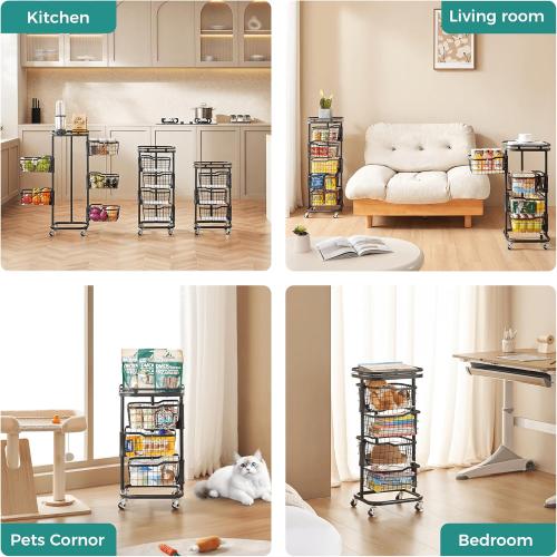 5 Tier Kitchen Vegetable Storage Cart Fruit Basket with One-Piece Rotating Bowls, Rolling Cart on Wheels with Wire Mesh Basket, Large Metal Pantry Organizer Stand Holder for Onion Potato, Black