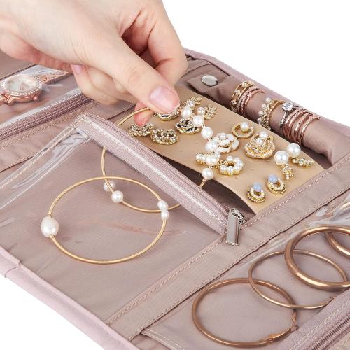 BELALIFE Travel Jewelry Case Organizer, Medium Foldable Storage Roll for Earrings, Necklaces, Rings, Bracelets, Brooches, Pink