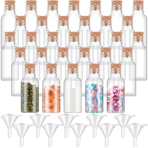 Set of  50 Packs 1 oz Plastic Sand Art Bottles with Cork Stoppers Mini Vial Potion Bottles Perfume Cork Jar with 10 Mini Funnels for Filling Jar for DIY Craft, Essential Oil, Message, Party Favor