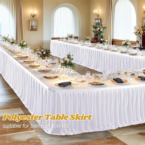 Wish Care 9ft Long White Table Skirt for Rectangle Tables Decorations - Wrinkle Resistant Polyester Pleated Table Skirting Desk Skirt for Office Baby Shower Birthday Party Wedding Banquet