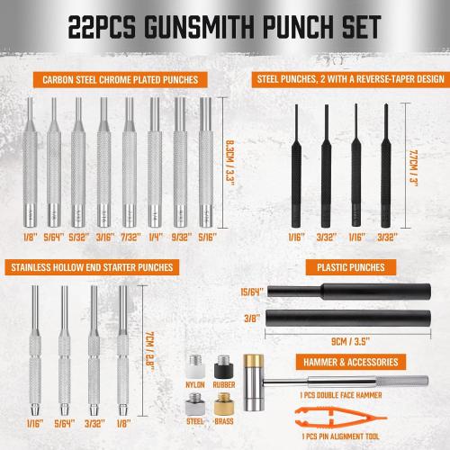 HORUSDY 22-Piece Punch and Hammer Set, Steel Roll Pin Punch Set with Interchangeable Hammer Heads, Durable Punch Tool Kit for Maintenance, with Storage Case