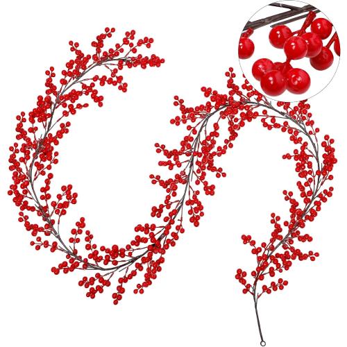 Lulu Home Red Berry Garland, 8.9FT Flexible Artificial Christmas Holly Berry Vine, Winter Berry Garland for Mantle Xmas Tree Window Door Hanging Indoor Outdoor Holiday Decoration (1)