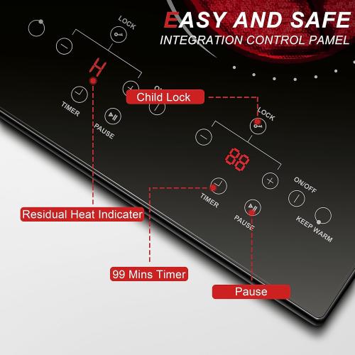 2 Burner Electric Cooktop 110v, 120v Plug In Electric Stove Top Burner, 12 Inch Built-in Radiant Electrics Stove, Countertop Ceramic Cooktop with Child Safety Lock, Timer, Over-Temperature Protection