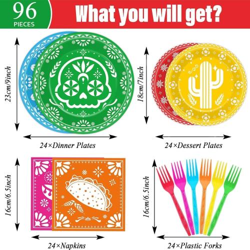 96 Pcs Mexican Fiesta Tableware 5 De Mayo Party Supplies for 24 Guests Mexican Papel Picado Disposable Plates Napkins for Party Decorations Fiesta Taco Carnival Birthday Baby Shower Favors