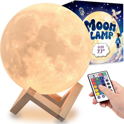 Mind-Glowing Moon Lamp - 3D Moon Night Light for Kids Bedroom - Globe Nightlight with Multi Color LED, Touch/Remote Control - Birthday Gift for Any Year Old Girls & Boys - Space Decor (7.1 inch)