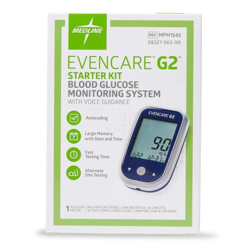 Medline EvenCare G2 Blood Glucose Monitor Starter Kit, Diabetic Care, 6 Sec Results, General Purpose Lancing Device & Lancets, Test Strips, Batteries, Guide, Carrying Case, Logbook, Voice Guidance