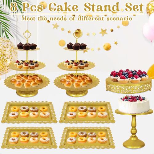 Fivenl 8 Pcs Cake Stand Gold Metal Dessert Table Display Set, 3-Tier Cupcake Stand, Cake Display Tower and Cookie Tray Rack Serving Tray for Birthday Party, Weddings, Baby Shower (Gold)