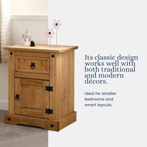 Corona 1 Drawer 1 Door 17-Inch Wide Bedside Table - Reforested Wood Single Nightstand - Smart Space-Saving Compact Furniture - Easy to Assemble - Seconique
