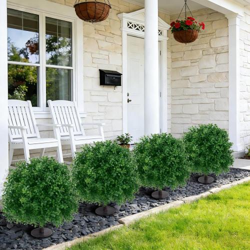 U'Artlines 23.6 Artificial Boxwood Topiary Ball Trees with Ground Spike, Faux Greenery Plants UV Resistant Fake Shrubs Bushes for Front Porch Garden Yard Outdoor Decor, Set of 2