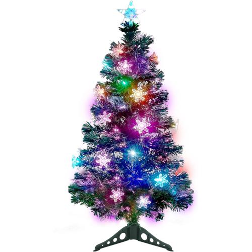 Juegoal 3 ft Pre-Lit Artificial Mini Christmas Tree, Lighted Optical Fiber Tabletop Xmas Trees with RGB Color Changing LED Lights, Snowflakes & Top Star, Festive Party Holiday Fake Multicolored Tree